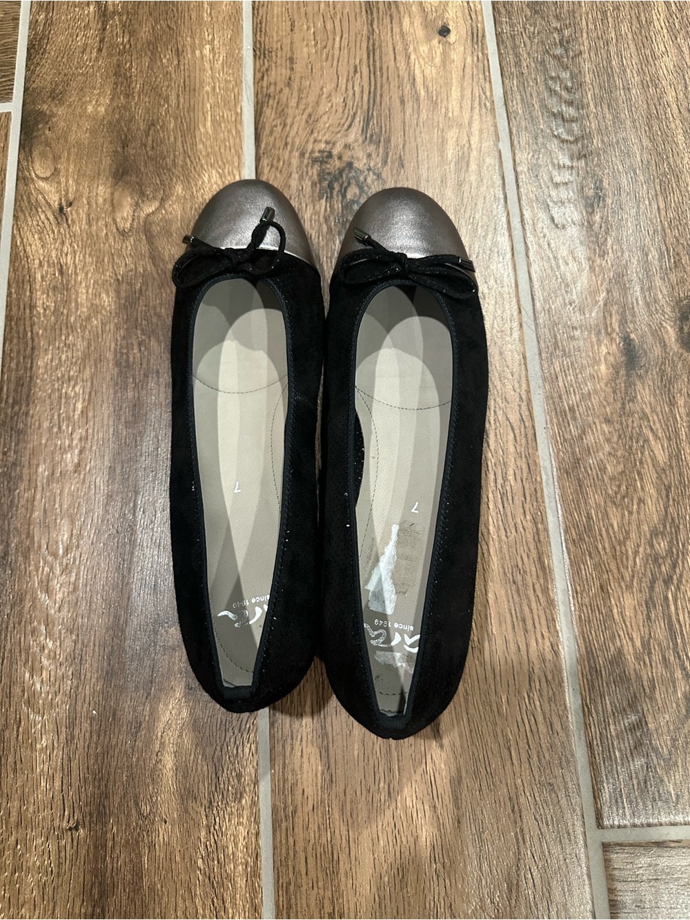 Ara Black Suede Ballet Flats with Metallic Taupe Toe